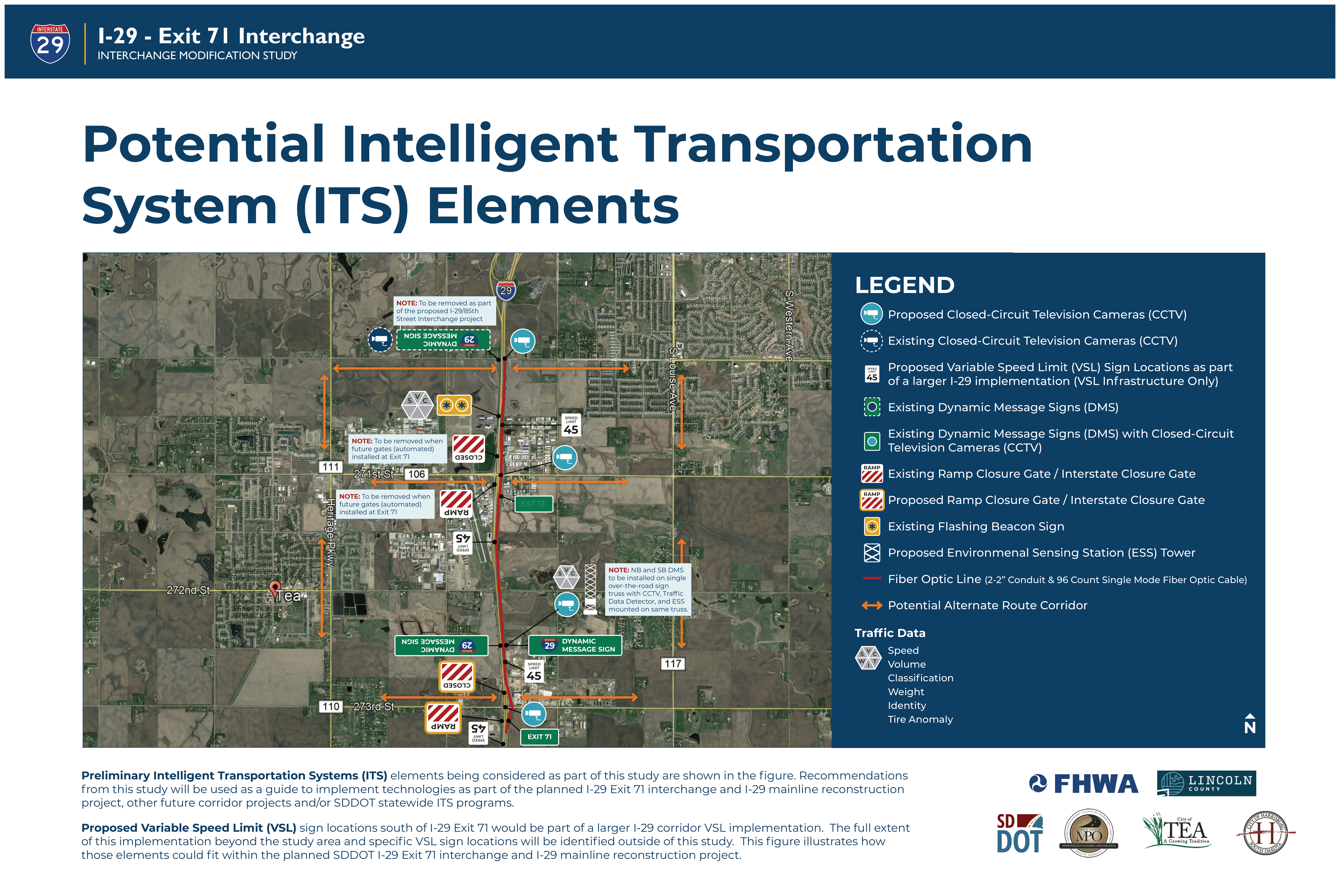 This image shows potential Intelligent Transportation System (ITS) elements within the study area. Both existing and proposed elements are shown, including closed-circuit television cameras (CCTV), variable speed limit (VSL) sign locations, dynamic message signs (DMS), ramp and interstate closure gates, flashing beacon signs, environmental sensing station (ESS) towers, fiber optic lines, and traffic data collection type and locations.